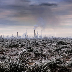 View of fawley refinery across forest gorse in winter